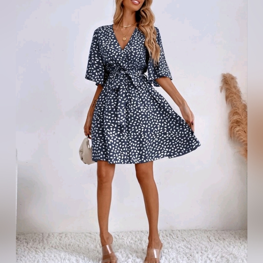 New Boho Short Flutter Sleeve Wrap Front Dress Belted Navy Blue White - Picture 1 of 8